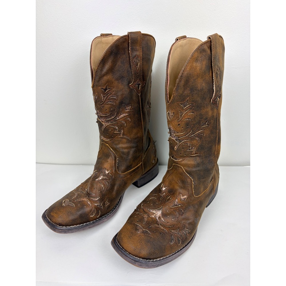 Roper Cowboy Boots 11 Brown Distressed Square Toe Laser Cut Embroidered Western
